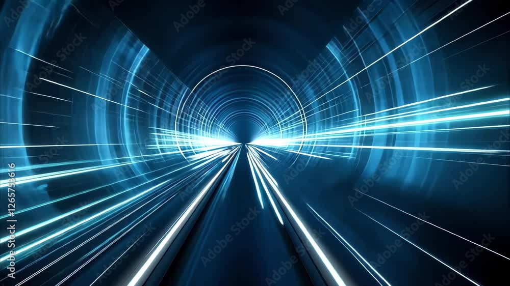 Poster a futuristic tunnel or high-speed travel corridor with light streaks creating a sense of motion and 