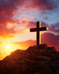 Cross on a hill at dusk, illuminated by the warm glow of a setting sun, dramatic sky filled with clouds, symbol of resurrection and faith