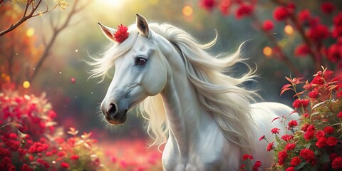 Elegant White Unicorn in Red Flowers - Graceful Fantasy Stock Photo
