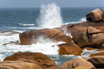 rocks and boulders on The Pink Granite Coast  a stunning stretch of coastline located in northern Brittany, France.