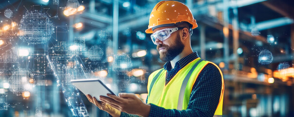 A construction worker in safety gear utilizes a tablet to enhance project efficiency, surrounded by digital overlays representing advanced technological processes driving the industry forward.