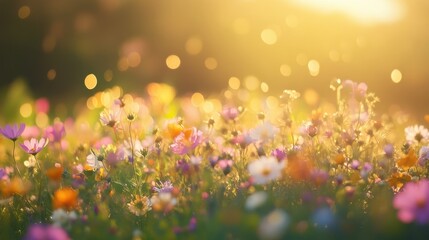 Fototapeta premium A vibrant field of wildflowers bathed in warm golden light, creating a dreamy and serene atmosphere. Perfect for spring themes.