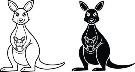 Mother Kangaroo and Joey Line Art, Black, White, Cartoon, Illustration, Pouch, Australia, Mammal, Wi