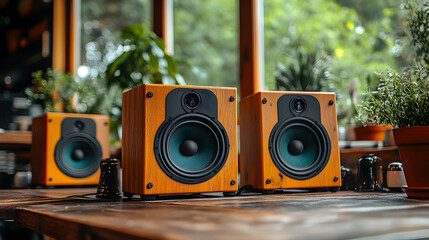 Wooden speakers on table, cafe background, music, audio