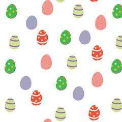 A seamless pattern featuring colorful decorated Easter eggs on a white background. Perfect for holiday-themed designs, wrapping paper, and textiles. 