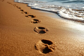 Footprints lead to sea on sandy beach under sunlight use for summer travel