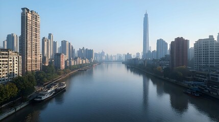 Fototapeta premium City Skyline with River at Dawn
