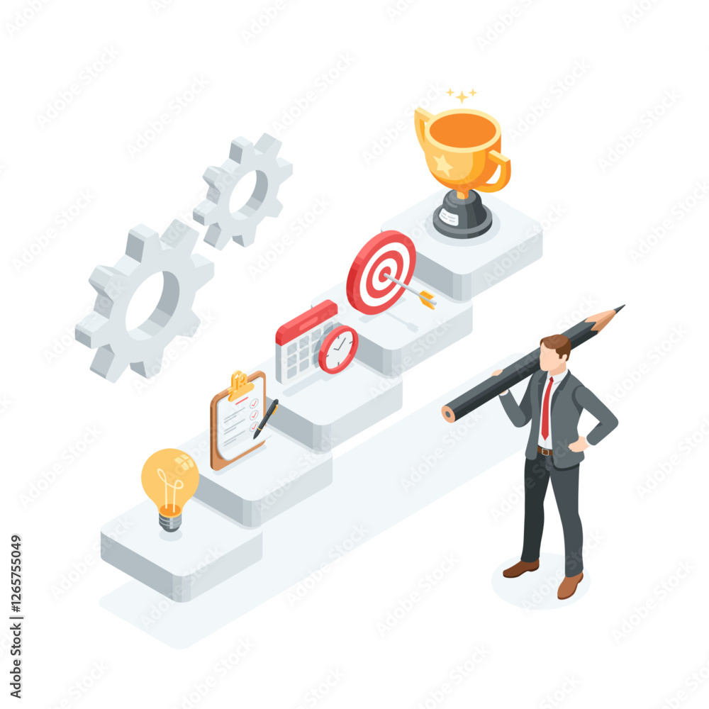 Poster isometric vector staircase with cup icons with target and arrow and calendar and plan on sheet of pa