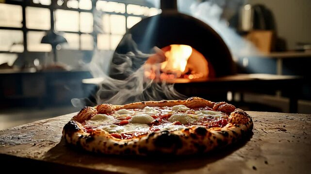 Delicious margherita pizza, straight from a blazing wood-fired oven, sits on a charming rustic countertop while it's still steaming, captured in slow motion with a slight camera pan