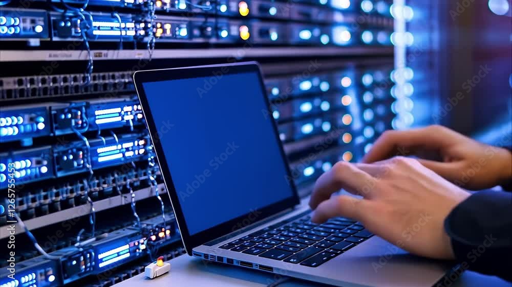 Poster a laptop connected to a server rack with glowing lights, indicating an it or data center environment