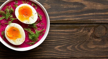 Homemade cold summer beet soup with cucumbers, dill and egg
