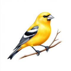 Bright Yellow Bird Perched on Branch with Black and White Wing Accents, Close-Up Detail Illustration