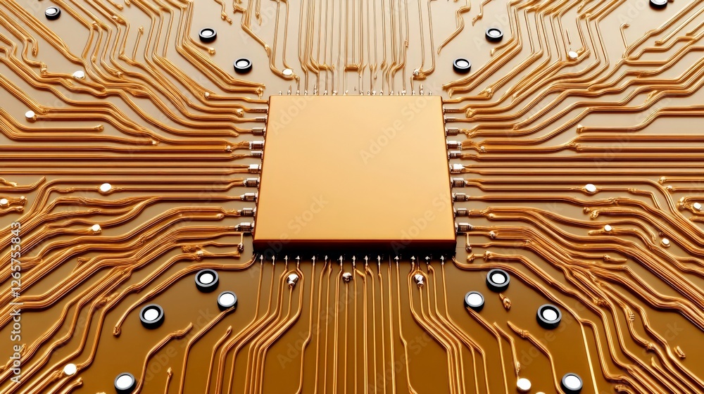 Poster close-up view of golden microchip on circuit board with connections