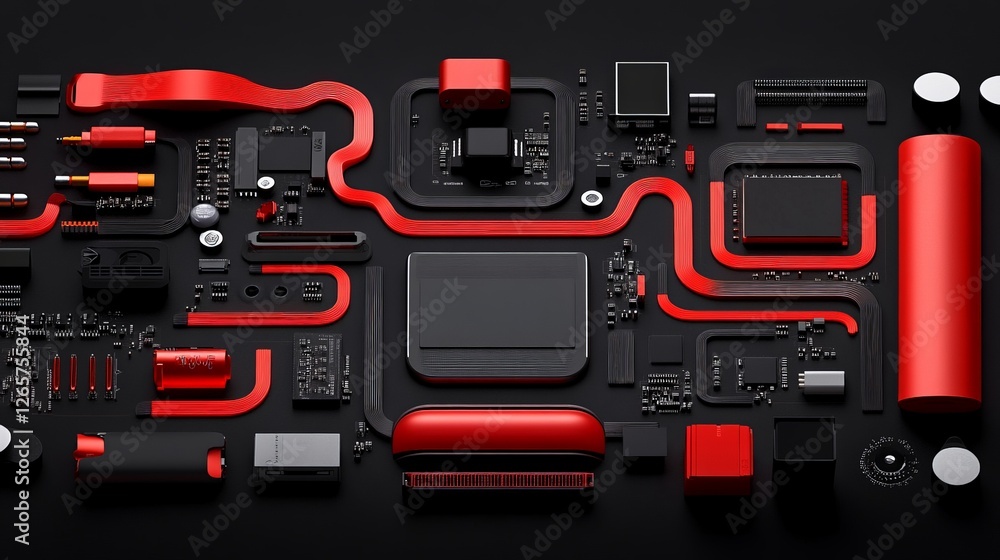 Poster abstract high-tech circuit board design in red and black colors