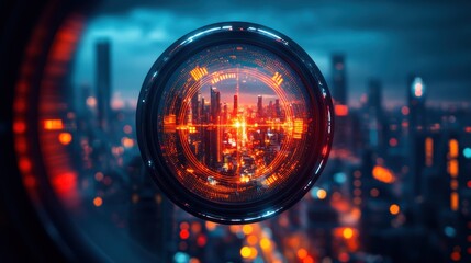 Cityscape sunset viewed through lens, futuristic design