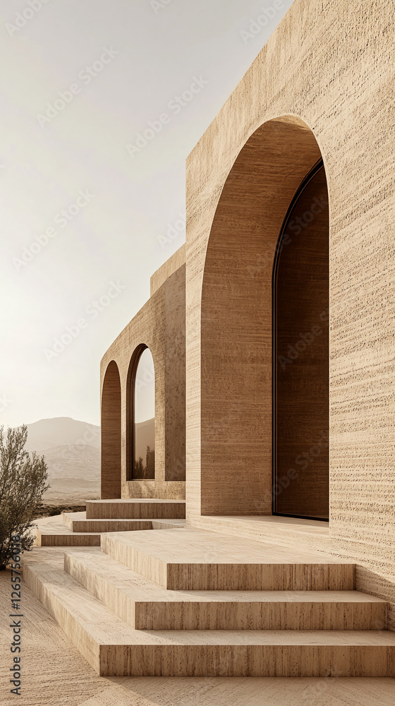 Aufkleber Modern minimalist architecture with large curved arches and steps in a desert landscape, showcasing simplicity, geometric design, and contemporary elegance