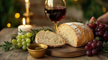 religious still life, a stunning last supper-inspired meal with a rustic wooden table, a golden chalice of red wine, halved bread, fresh grapes, and olive oil the warm candlelight creates a reverent
