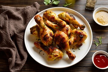 Barbecue roasted chicken drumsticks served with sauce