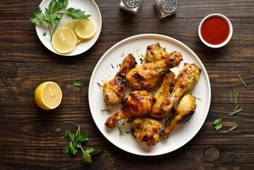 Barbecue roasted chicken drumsticks served with sauce