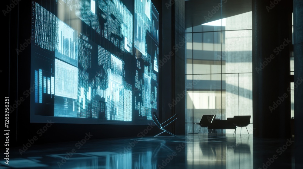 Poster futuristic data display in modern office space with minimalist design