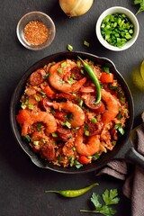 Creole style jambalaya with prawn, smoked sausages and vegetables