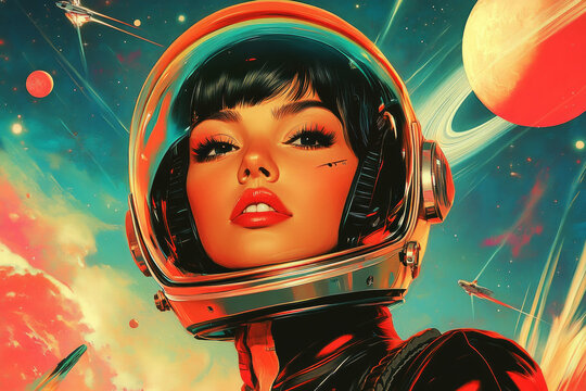 A vintage sci-fi poster features a fearless, glamorous girl in a futuristic space helmet and jetpack, boldly promoting women in the space force with planets and rocket ships in the background