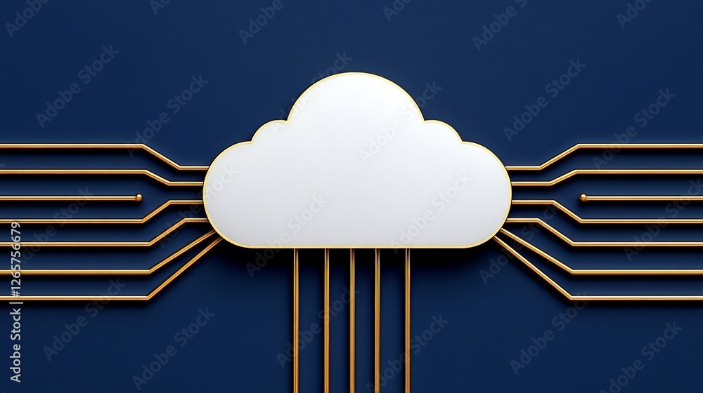 Poster cloud computing concept with golden lines on a blue background
