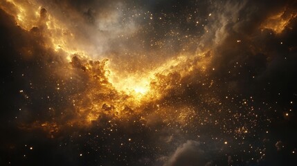 Obraz premium A stunning cosmic scene featuring vibrant golden clouds and twinkling stars against a dark backdrop, evoking wonder and the mysteries of the universe.