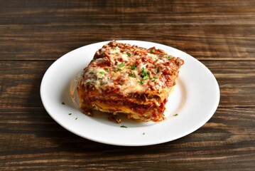 Lasagna with ground beef, ricotta cheese and tomato sauce