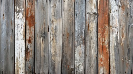 Fototapeta premium Close-up of rustic wooden planks with a weathered appearance, featuring shades of grey, brown, and white, highlighting age and texture.