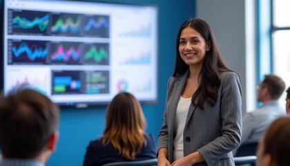 Professional Woman Presenting in Meeting Room – Business Presentation with Graphs and Charts
