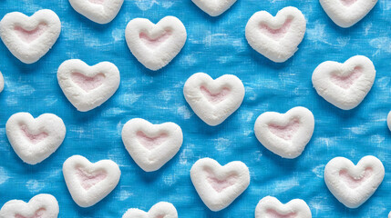 Obraz premium Pink-filled heart-shaped marshmallows arranged on blue fabric background; perfect for Valentine's Day or romantic themed projects