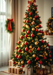 Christmas tree decorated with red and gold ornaments standing in a cozy living room bokeh red bokeh abstract background glow design light texture effect sparkle