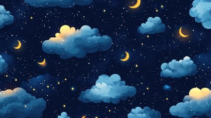 Fototapeta premium A whimsical night sky filled with soft blue clouds, twinkling stars, and crescent moons, creating a dreamy and serene atmosphere.