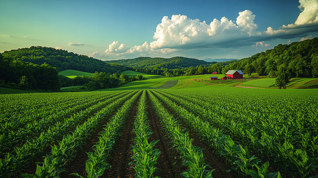 Lush Green Vineyard Landscape with Rolling Hills and a Quaint Red Barn on Sunny Day