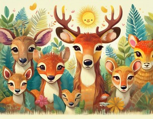 Naklejka premium Colorido dibujo de dibujos animados con animales del bosque lindos y caras soleadas en un fondo ligero