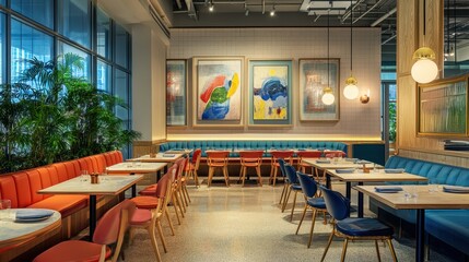 Modern restaurant interior with colorful artwork and stylish seating