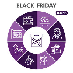 Black friday symbols collection or sketches. Black friday sale theme diagram pie in linear style signs for web and app. Vector graphics isolated on white background.