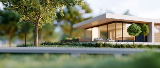 Modern house, green garden, sunny day