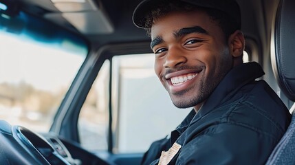 Obraz premium A man driving a car and smiling inside the vehicle