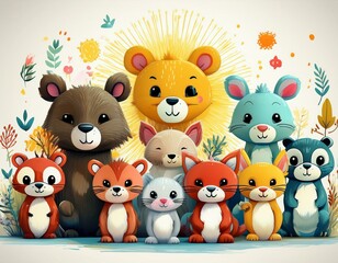 Naklejka premium Colorido dibujo de dibujos animados con animales del bosque lindos y caras soleadas en un fondo ligero