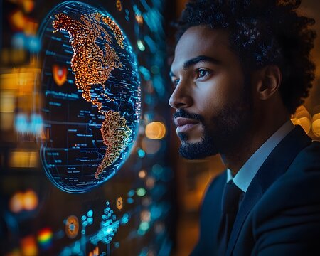 Sophisticated Worldly Diplomat Surrounded by Glowing Globe and Holographic Flags Symbolizing Global Unity and Connectivity