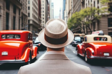Fototapeta premium Dapper man in 1930s attire standing on a busy downtown street, blurred background with antique cars and classic architecture, cinematic vintage photography