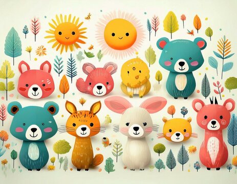 Colorido dibujo de dibujos animados con animales del bosque lindos y caras soleadas en un fondo ligero