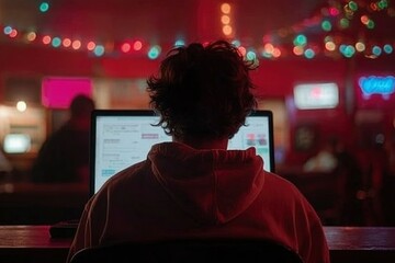 Fototapeta premium Man works on laptop in bar. Bokeh lights create festive, informal atmosphere