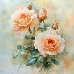 Elegant Botanical Art of Soft Peach Roses in a Dreamy Watercolor Painting
