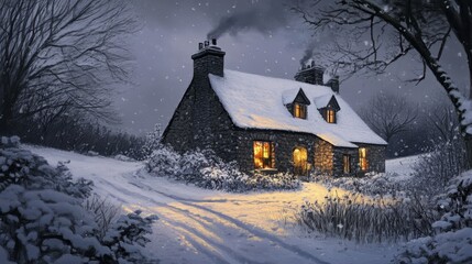 Fototapeta premium A cozy stone cottage glows warmly amidst a snowy winter landscape