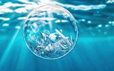 Dramatic ocean pollution artwork, a fragile soap bubble encapsulating plastic debris, floating amidst contaminated water, surreal environmental message