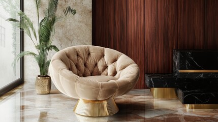 Elegant modern interior with a beige chair and plant