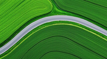 Drone shot of a winding country road dividing bright green fields, geometric agricultural landscape, smooth curves and natural symmetry